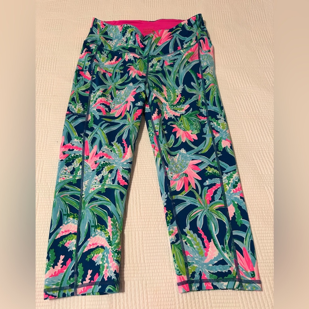Lilly Pulitzer Navy Tropical Palm Print Athletic Leggings with Pink Accents